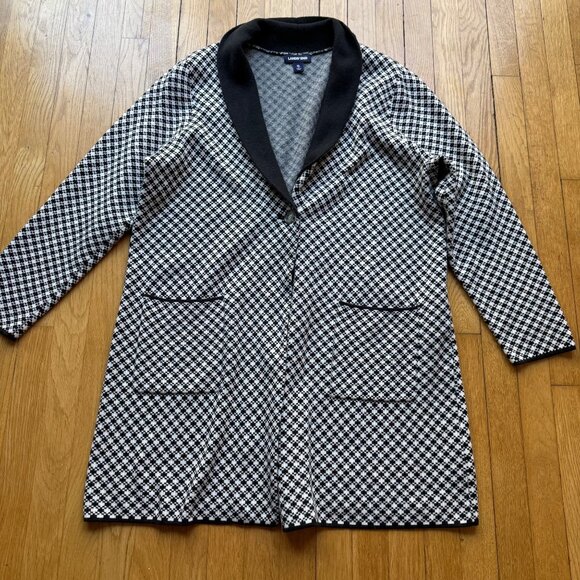 Lands End Size XL 18 Black & White Houndstooth Shawl Collar Long Cardigan Jacket - Picture 2 of 15